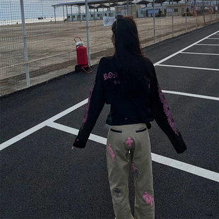 CH风格粉字母梵文华夫格圆领宽松休闲长袖男女同款