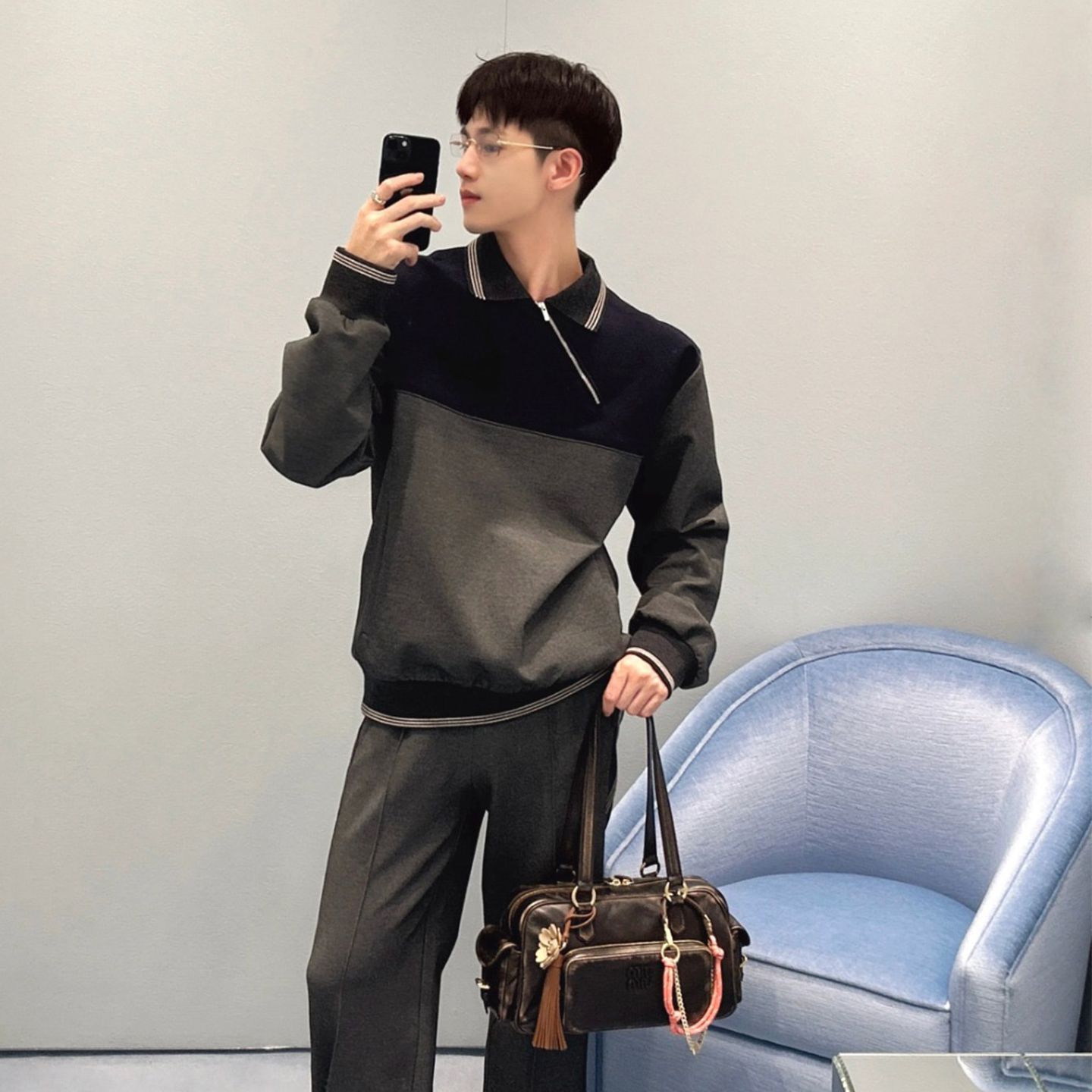 MM天花板平替定制面料老钱风复古穿搭男女同款休闲斜拉链外套卫衣