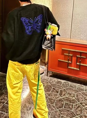 自主CH 纽约限定十字架银扣休闲长裤多巴胺黄色牛仔裤501男女