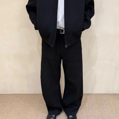 自主OMAR风格重磅定织粗斜纹纯羊毛弧形弯刀质感西裤休闲裤阔腿