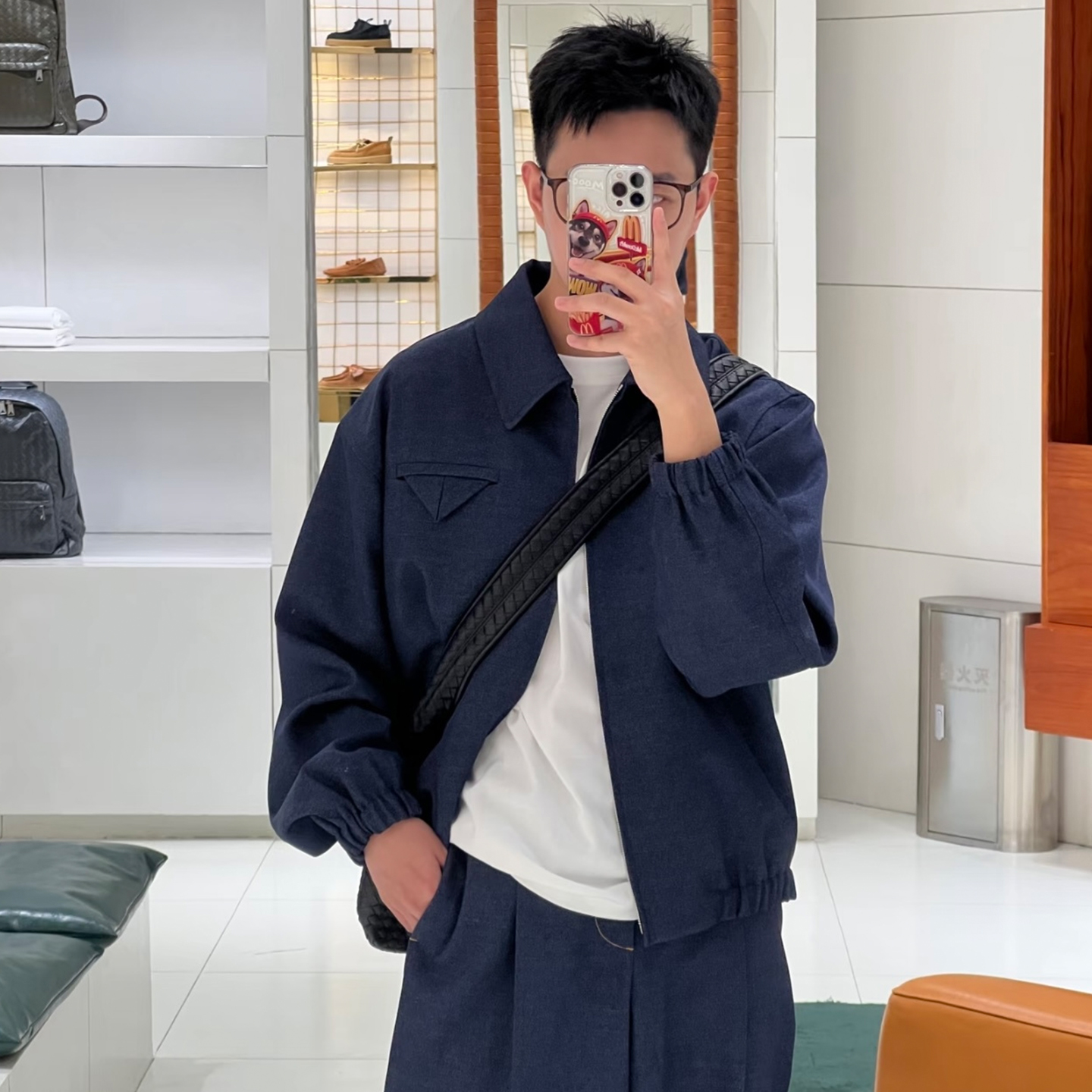 客定面料进口精仿羊毛天丝靛蓝色bv三角口袋夹克​​羊毛牛仔夹克