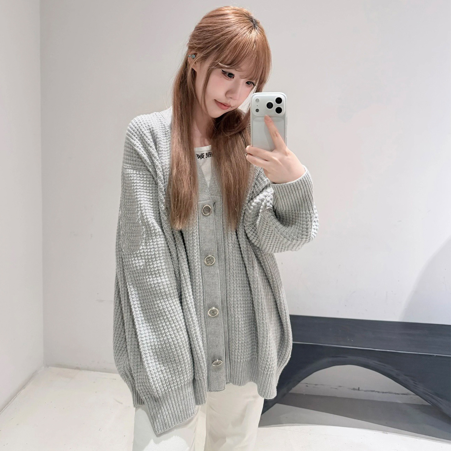 CH 25秋冬新款真皮十字贴布v领华夫格山羊绒针织开衫外套男女慵懒