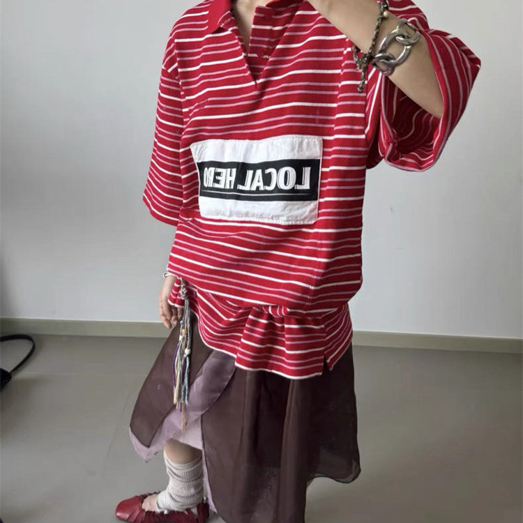 Martine rose25ss 红色条纹Polo短袖 复古足球贴布T恤男女同款