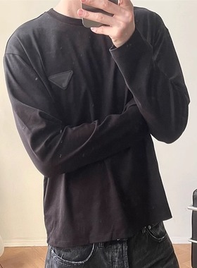 自主三角标风格立体三角标志圆领黑色白色宽松休闲长袖T恤男女