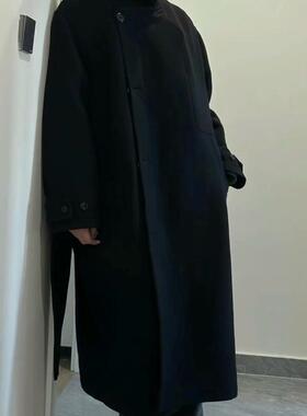 自主LEM风格 双层呢料百分百澳毛重磅黑色宽松休闲大衣厚