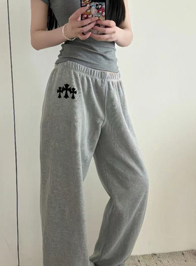自主CH风格25春夏新款灰色植绒圆领卫裤宽松休闲长裤男女