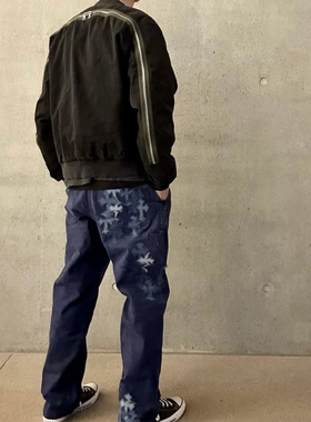 CH风格vintage法工十字架拼接手工车缝做旧纯棉水洗直筒工装长裤