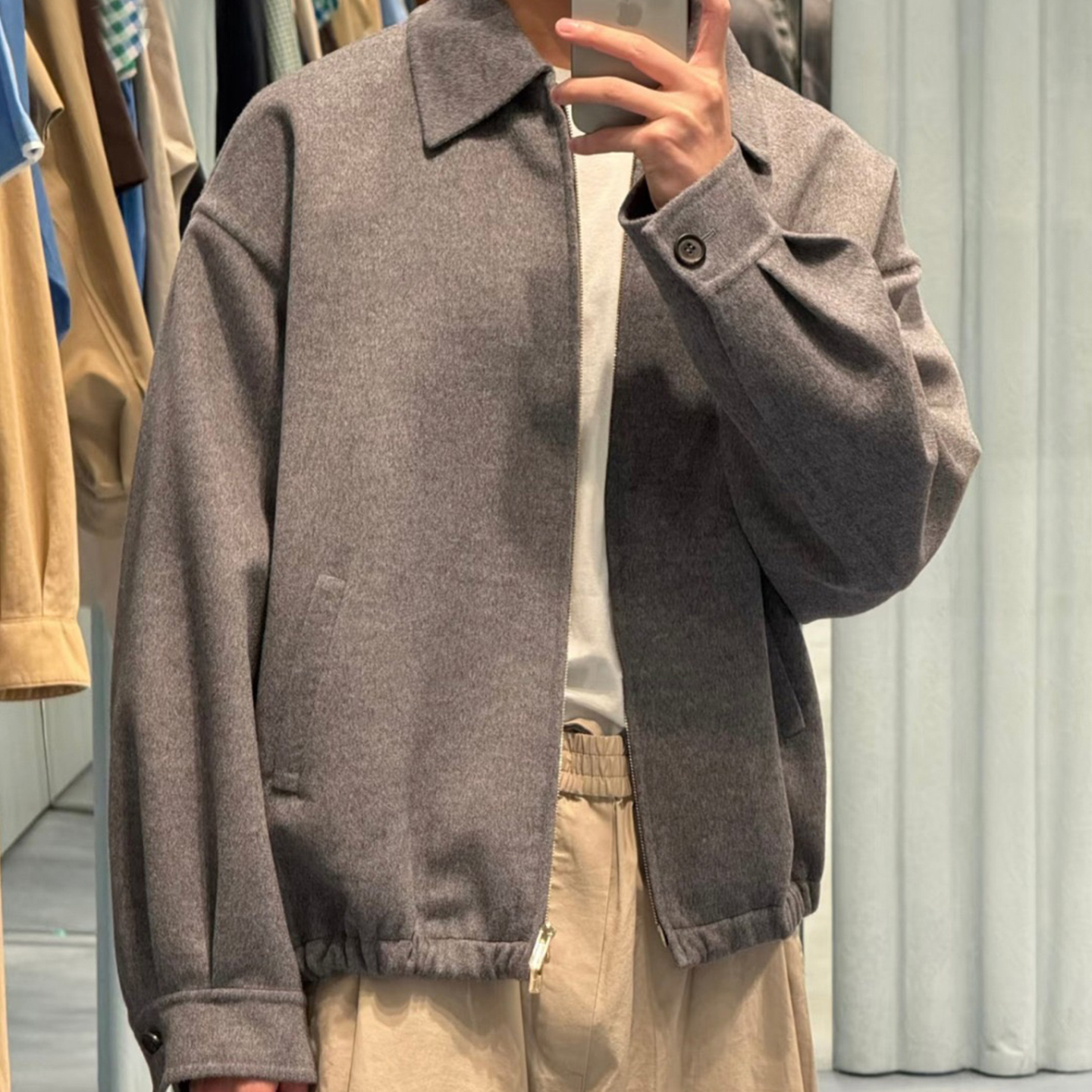 天花板MM自主平替面料羊毛高级灰老钱简约男女同款夹克拉链外套