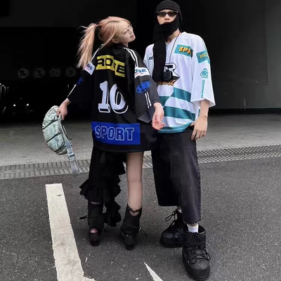 Martine rose美式复古blockcore风贴布廓形V领网眼球衣短袖T恤