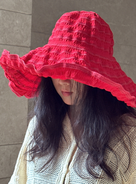 可造型复古港风红色帽子沙滩帽加大帽檐女士防晒帽遮阳帽可折叠