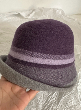 盆帽妈妈款精致紫色粉色保暖帽优雅卷边小帽檐圆顶渔夫帽羊毛礼帽