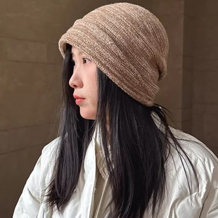 套头帽秋冬保暖日系复古帽子混色褶皱女士毛线帽针织帽堆堆帽冷帽