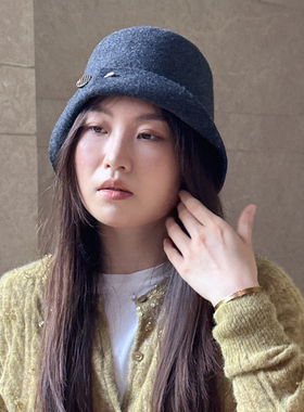 深灰色翘边渔夫帽水桶帽保暖26年新款秋季帽子女士羊毛呢可折叠