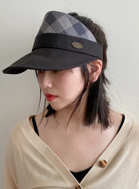 日本订单女士棉麻格纹空顶帽