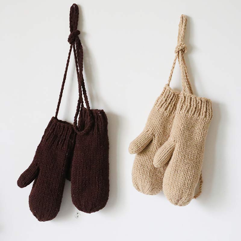 加绒纯色毛线针织手套包指头女士可爱百搭日系韩国骑车冬季挂脖子