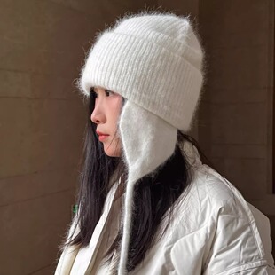 毛线帽针织帽滑雪帽户外防风高级感女白色兔毛加厚保暖护耳帽秋冬