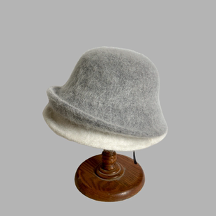 帽子复古显脸小保暖逛街灰色白色卷边渔夫帽盆帽兔毛秋冬礼帽洋气