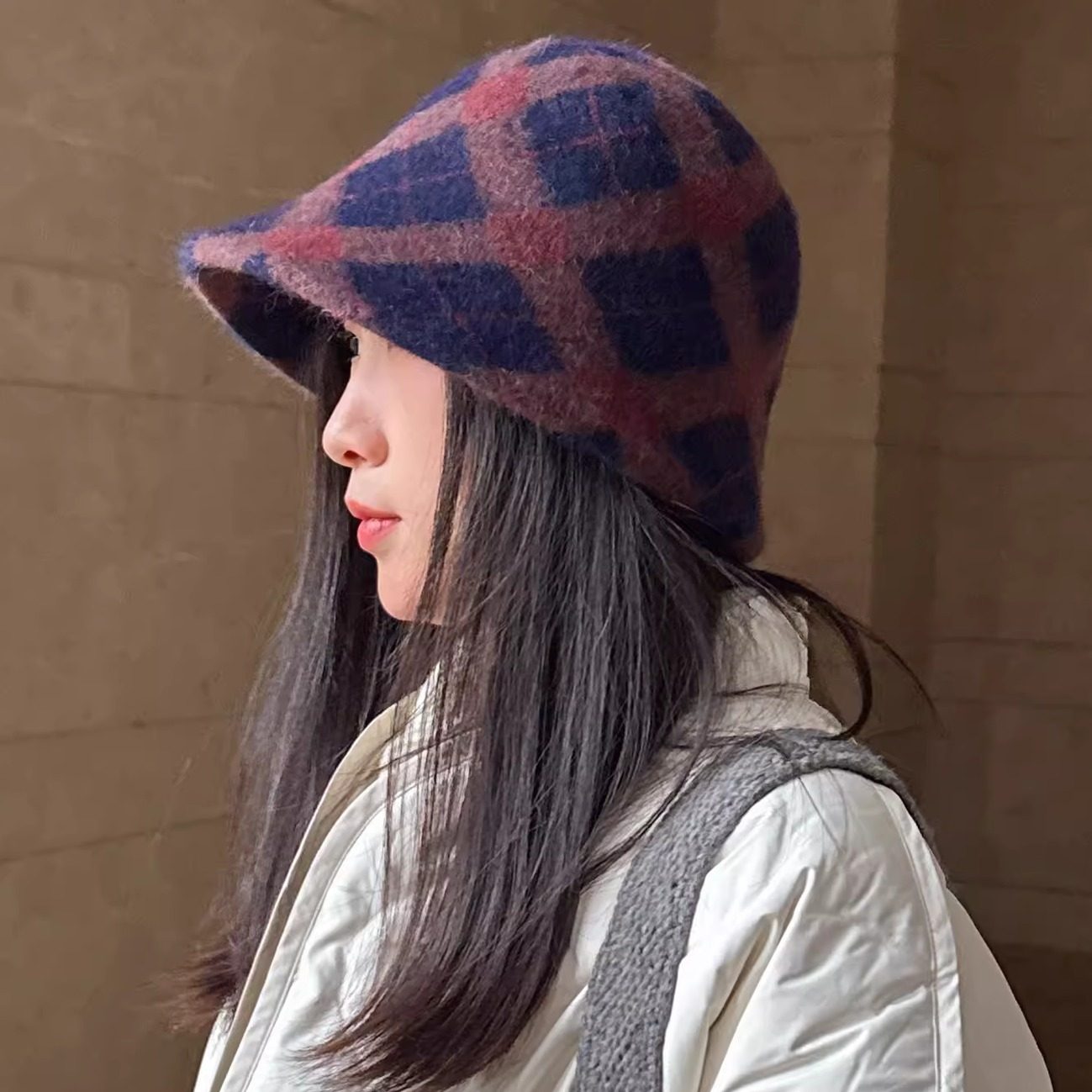 前长后短渔夫帽水桶帽盆帽显脸小圆顶兔毛格纹女士灰色黄色女士,服饰配件/皮带/帽子/围巾,帽子,淘宝优惠券,粉丝福利购,淘宝优惠卷