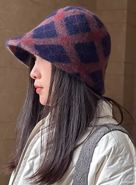 前长后短渔夫帽水桶帽盆帽显脸小圆顶兔毛格纹女士灰色黄色女士
