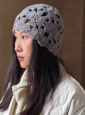 灰色时髦女士秋冬保暖旅游红色羊毛手工钩花针织帽包头帽堆堆帽