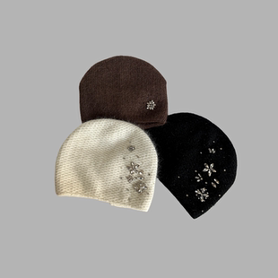 手工带钻花朵带亮片兔毛针织帽女士优雅时尚加厚保暖毛线帽精致