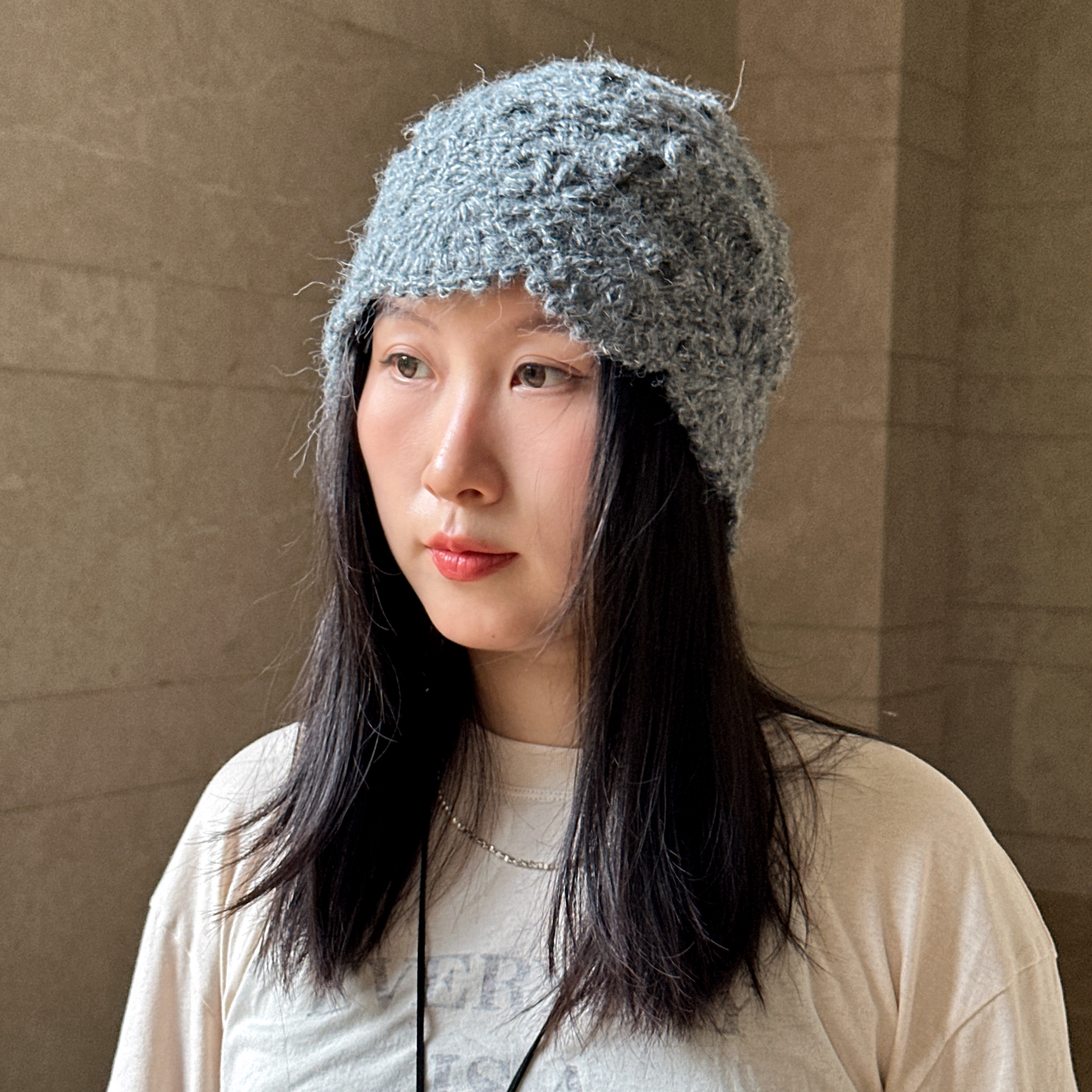 毛线帽堆堆帽冷帽灰色洋气时髦女士冬手工针织立体花朵保暖包头帽