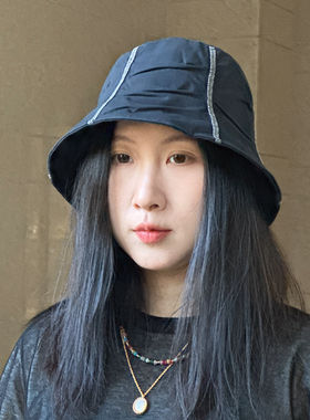INS风短檐乞丐帽遮阳帽大头围拼接黑色薄款女士设计款水桶帽春夏