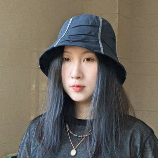 INS风短檐乞丐帽遮阳帽大头围拼接黑色薄款女士设计款水桶帽春夏
