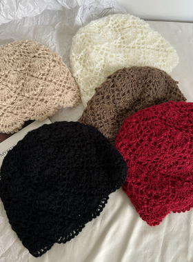 冷帽针织帽毛线帽妈妈手打款手工复古红色花朵马海毛女士堆堆帽
