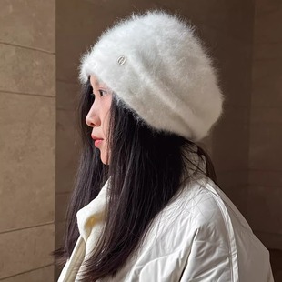 复古高级氛围感秋冬女士礼帽兔毛白色药盒帽造型帽贝雷帽堆堆帽