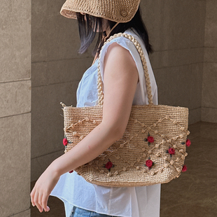手工草编包带拉链内袋女士拉菲草编织包单肩包手提包花朵复古法式