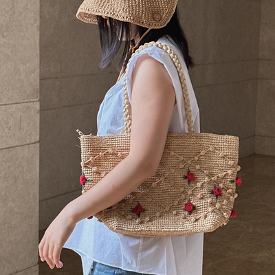 手工草编包带拉链内袋女士拉菲草编织包单肩包手提包花朵复古法式