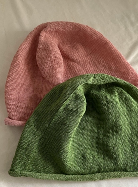 冷帽粉色绿色蓝色咖色米色夏季薄款透气包头帽堆堆帽亚麻套头帽