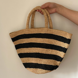 条纹女士草编包拉菲草手工编织包手提包洋气复古法式菜篮子沙滩包