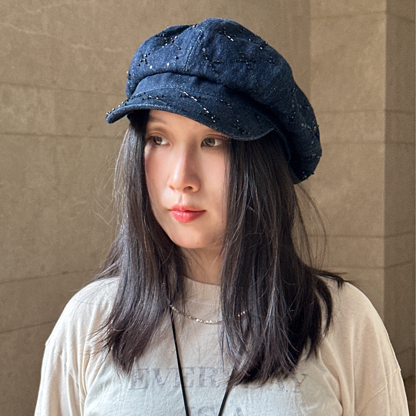 贝雷帽渔夫帽画家帽八角帽洋气深蓝色手工亮片珠子小香风女士秋冬