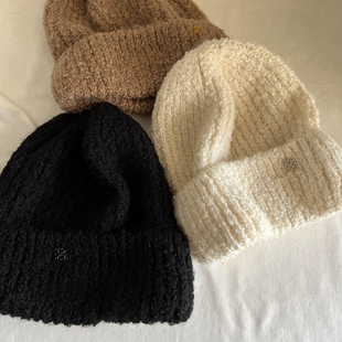 咖色休闲女士大版型毛线帽纯色羊毛混纺针织套头帽高级感白色黑色