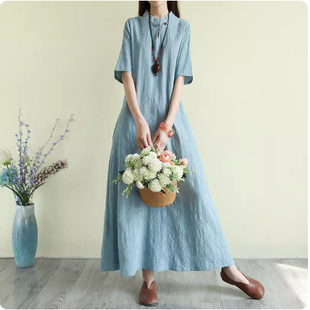 茶服连衣裙棉麻文艺复古禅意禅修居士佛系茶艺师服装女中国风茶道