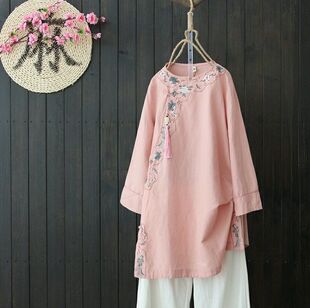 加肥大码茶服仙女禅意中式棉麻日常汉服小个子茶艺师工作服套装