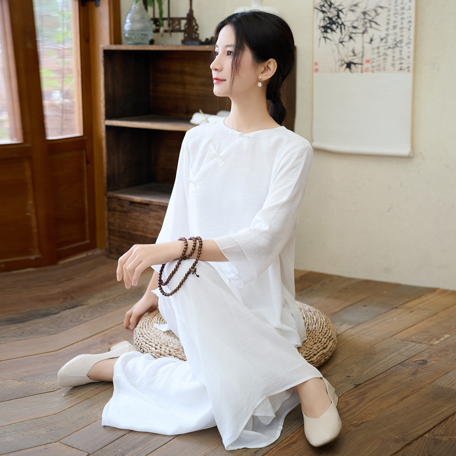 大码中式禅修服棉麻服装宽松白色打坐居士服仙气冥想茶道服套装女