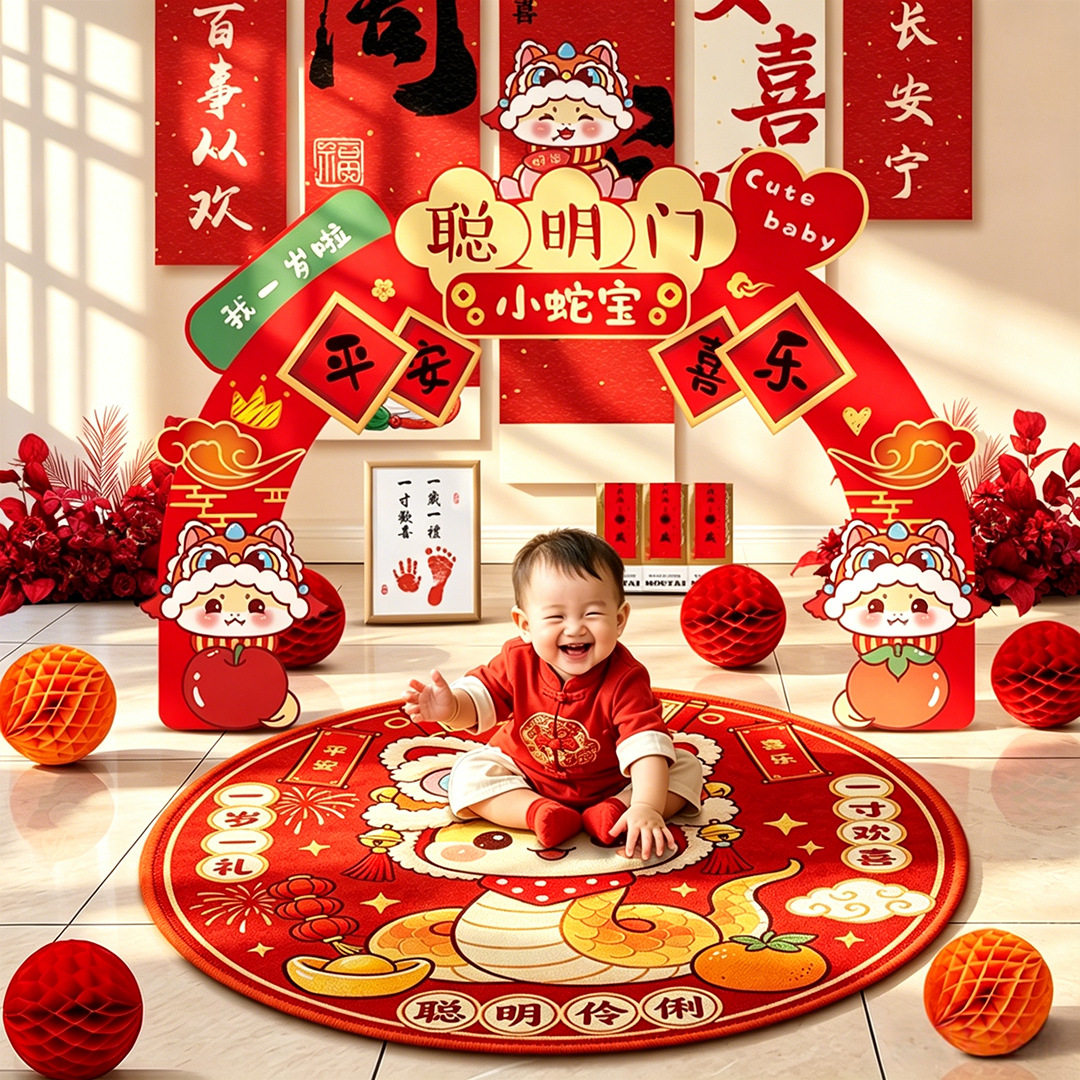 宝宝一周岁礼生日场景布置聪明门地垫生日宴抓周用品背景装饰道具