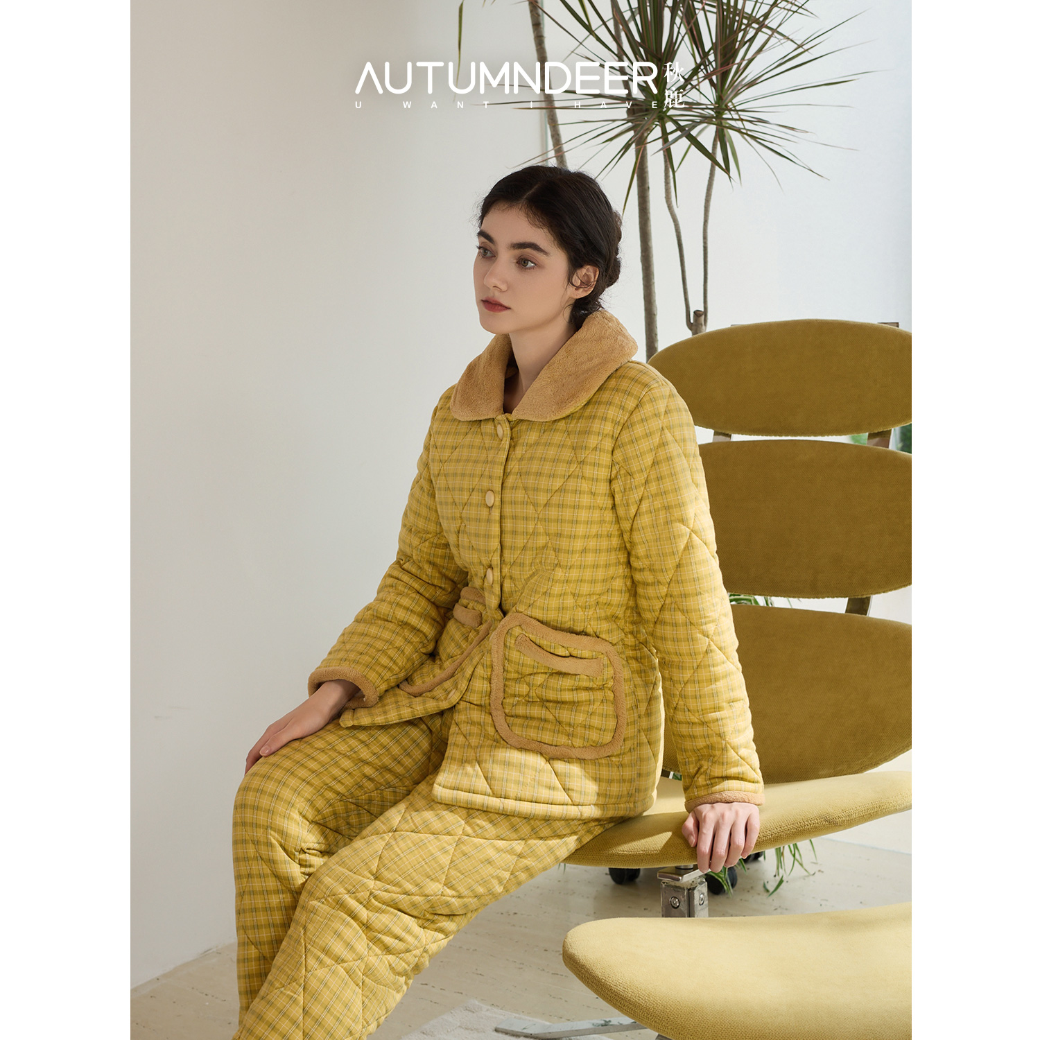 秋鹿情侣提花夹丝夹棉家居服