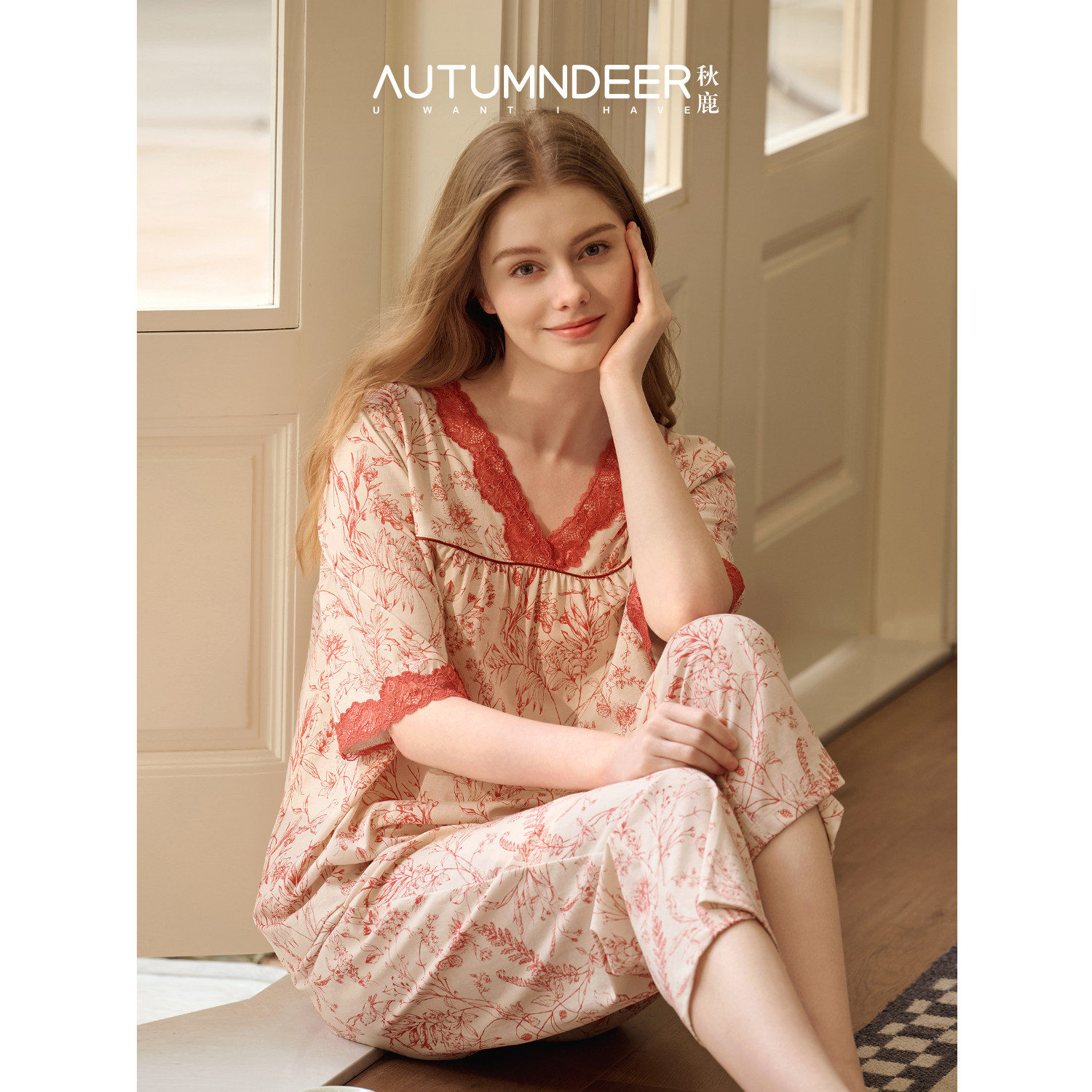 秋鹿纯棉睡衣女士10A抗菌法式绝美蕾丝V领九分裤2026新款家居服