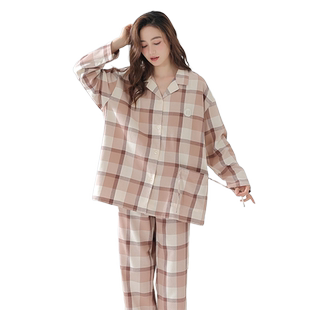 秋鹿【清仓仅剩S码】梭织棉格子睡衣女春秋季小翻领纯棉家居服