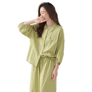 秋鹿针织提花开衫睡衣女夏天纯棉七分袖八分裤套装简约纯色家居服