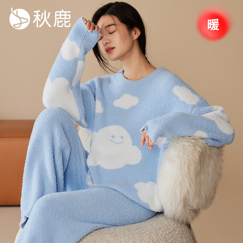秋鹿半边绒睡衣女红色本命年