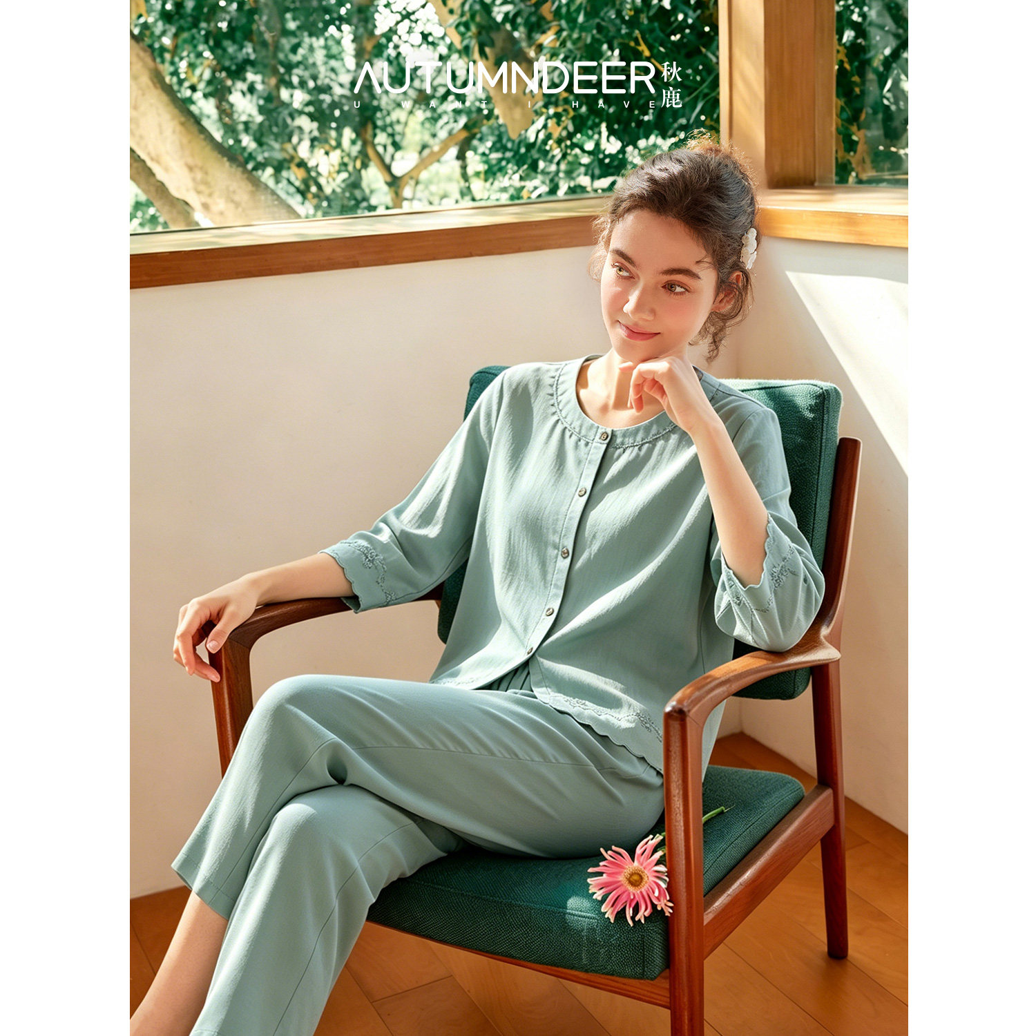 秋鹿夏季薄款女睡衣家居服套装图片