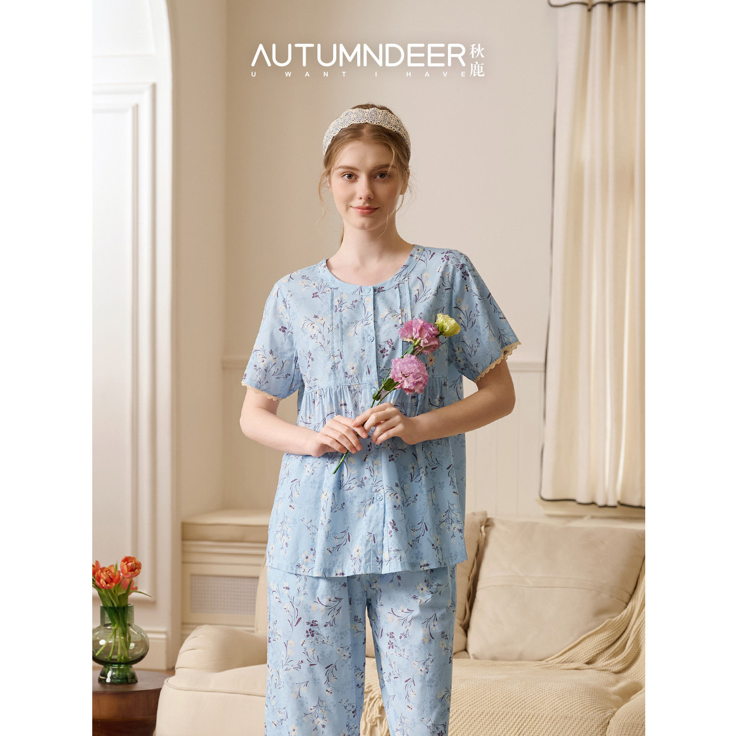秋鹿睡衣女士法式圆领蕾丝印花草绝美短袖七分裤2026春新款家居服