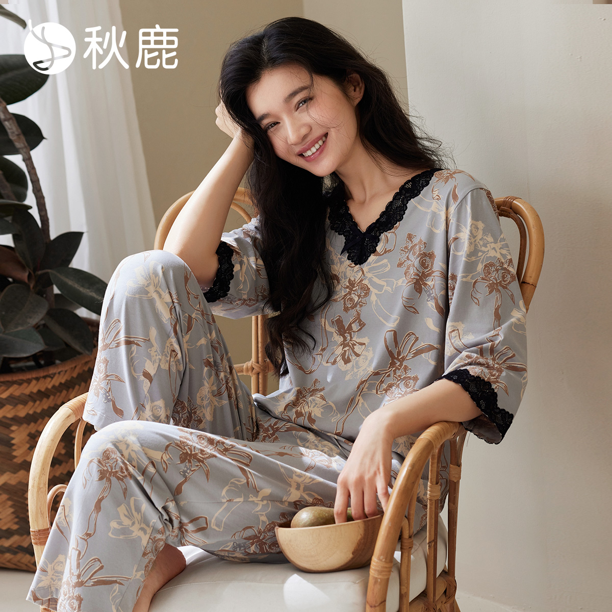 秋鹿蕾丝花边七分袖纯棉长裤睡衣女春夏高级感法式家居服套装