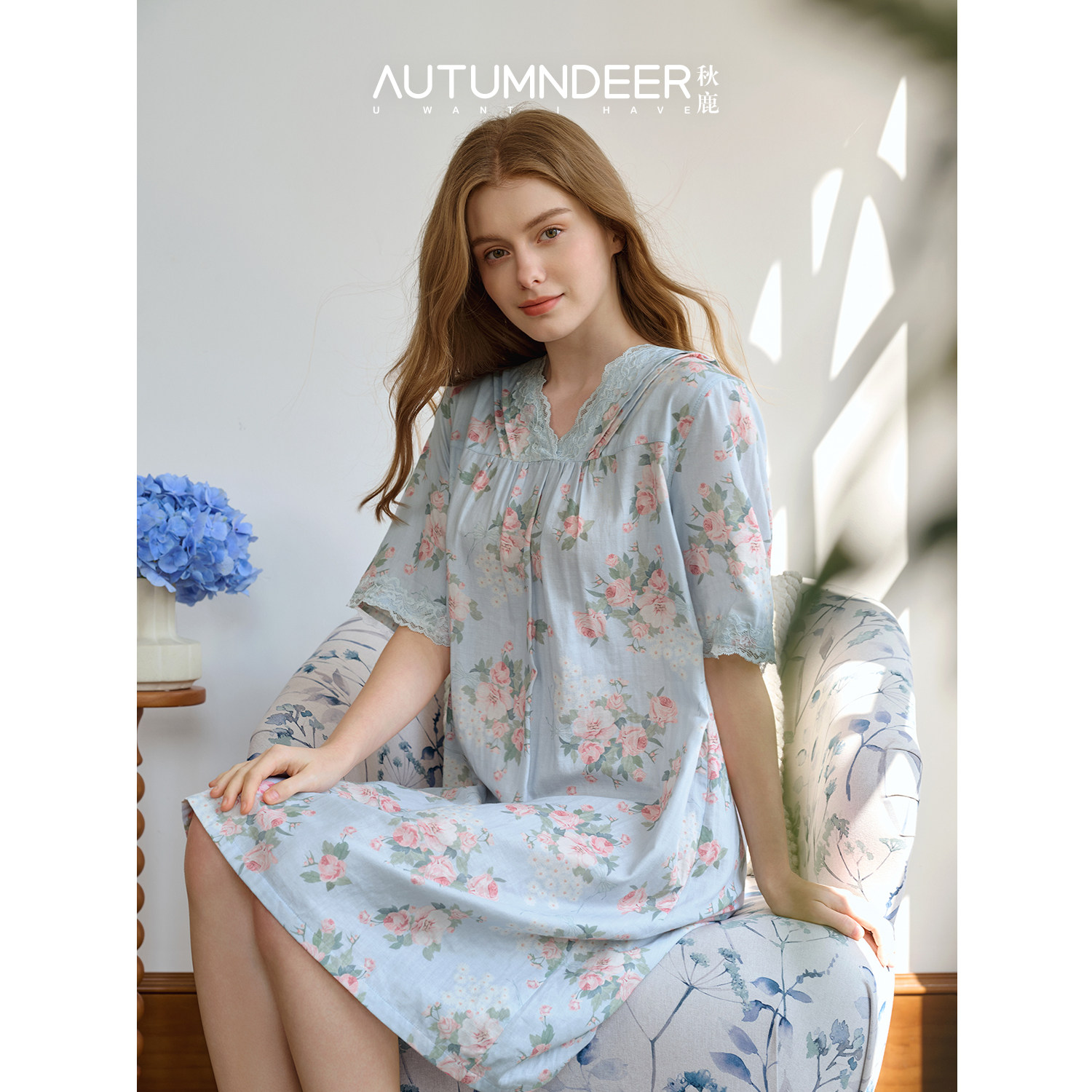 秋鹿纯棉睡裙女士法式V领蕾丝花边绝美宽松2026春夏季新款家居服