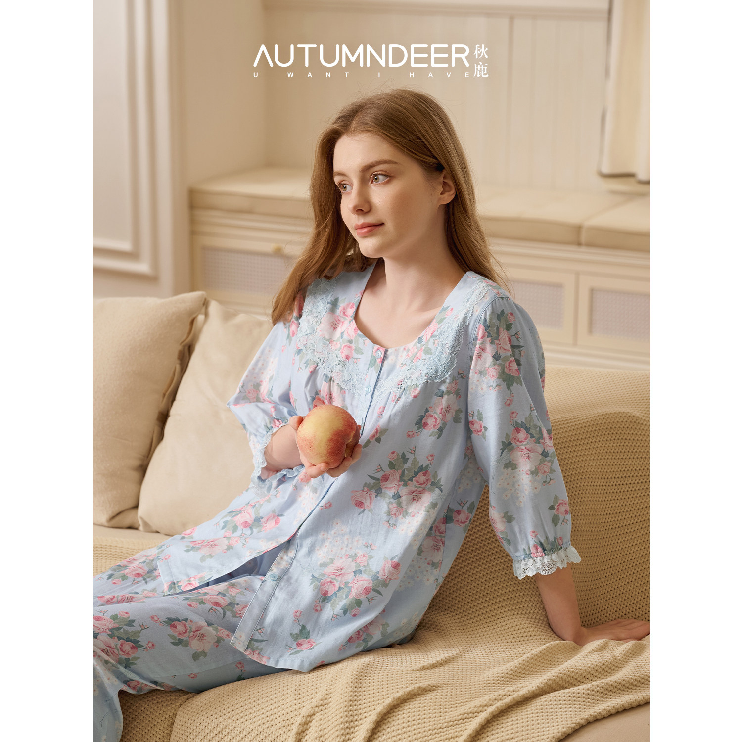 秋鹿纯棉睡衣女士方领蕾丝印花绝美七分袖九分裤2026春新款家居服